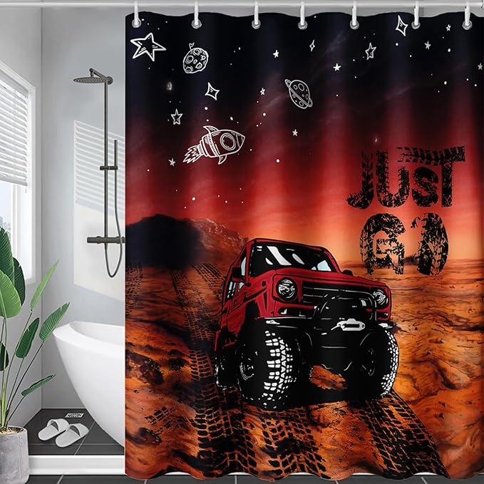 AILONEN Red Truck Shower Curtains,Galaxy Monster Truck Bath Curtains,Monster Jam Polyester Waterproof for Bathroom,72" W*78" H with 12 Plastic Hooks,Red