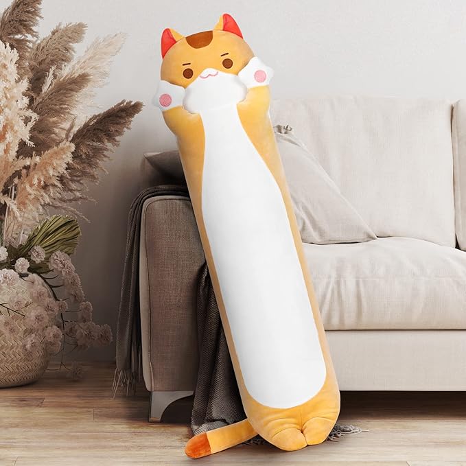 Long Cat Plush Kawaii Body Pillow, 44” Cute Brown Cat Stuffed Animals Soft Plushies, Orange Kitten Plush Throw Pillow Doll Toy Gift for Girlfriend
