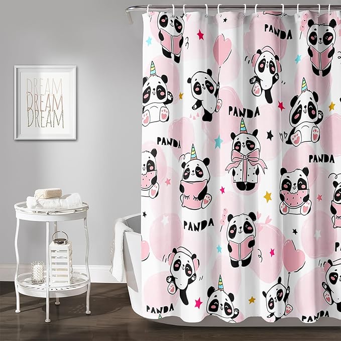 AILONEN Panda Shower Curtain for Bathroom, Cute Kawaii Panda Kids Bathroom Curtain,Pink Cartoon Bath Curtain 48" W*72" H Polyester Waterproof Bathroom Curtain with 12 Hooks