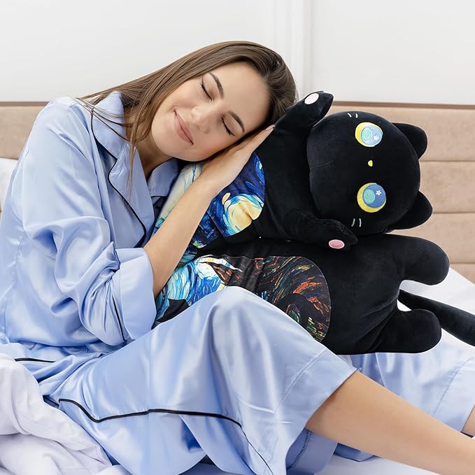 Long Cat Plush Kawaii Kids Plush Toy Pillows, Cute Black Cat Stuffed Animals Soft Plushies, Kitten Big Plush Toys Throw Body Pillow Doll Gift for Girls Boys (Black Starry Cat 53 Inch)
