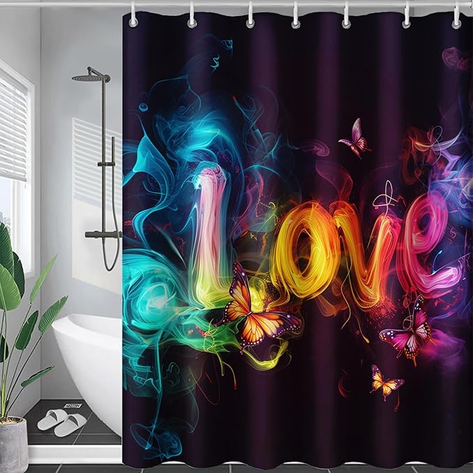 AILONEN Love Theme Shower Curtain for Bathroom,Romantic Smoky Butterfly Bath Curtain,Gradient Love Shabby Chic Print Black Shower Curtain with 12 Plastic Hooks,Waterproof 48" W*72" H