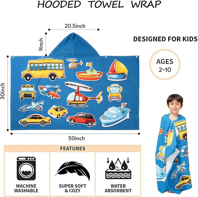Hooded Towel for Toddlers 2-10 Years Boys Girls Kids Bath Pool Beach Towel Wrap Soft Absorbent Beach Poncho(Cars)
