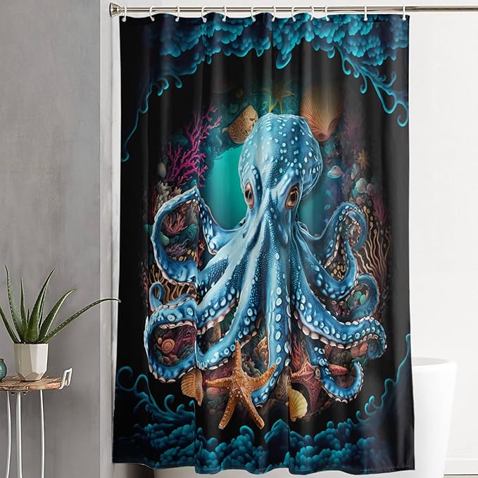 AILONEN Cartoon Blue Octopus Shower Curtain for Bathroom,Funny Octopus Bath Curtain for Kids,Boys,Girls,Ocean Animal Starfish Theme Waterproof Fabric Shower Curtain Set with Hooks,36" W*72" H