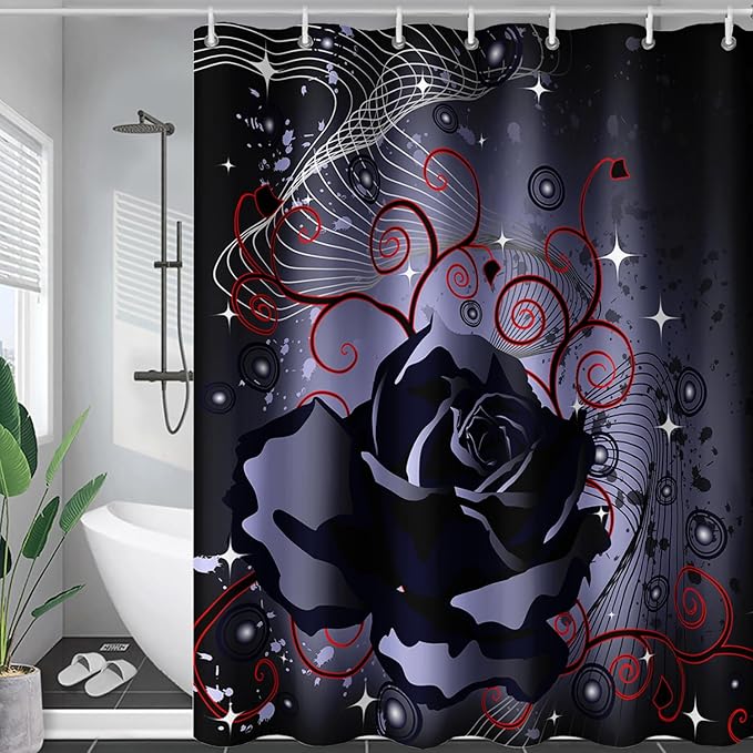 AILONEN Black Rose Shower Curtain for Women,Music Rose Bath Curtain for Bathroom Decor,Red and Black Art Polyester Waterproof for Girls with 12 Plastic Hooks,72" W*78" H Black