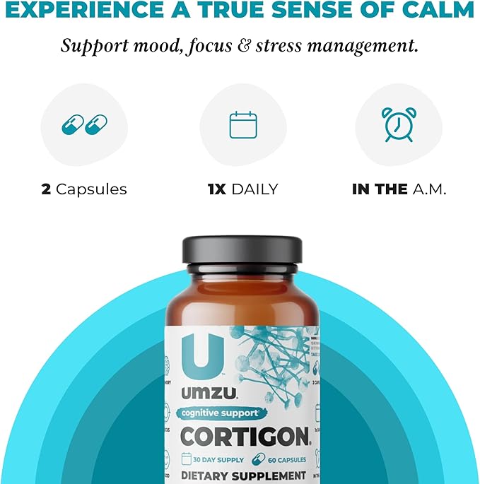 UMZU CORTIGON Cortisol Manager Supplement | Natural Stress Support Complex with Ginkgo Biloba, Phosphatidylserine, B Vitamins | Memory, Focus & Mood Aid (30 Day Supply | 60 Capsules)