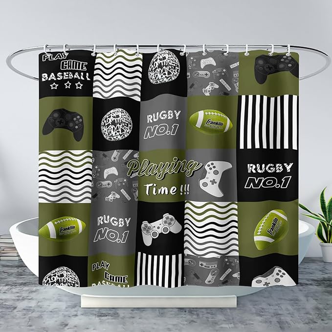 AILONEN Gamer Shower Curtain,Olive Green Ball Sports Waterproof Fabric Shower Curtain for Boys Kids Teens, 36" W*72" H Gaming Gamer Theme Shower Curtain Sets
