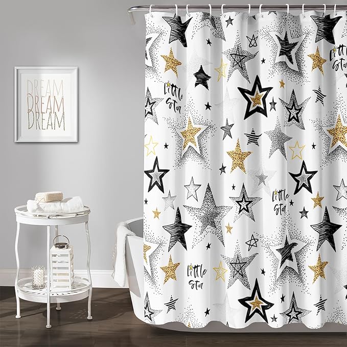 AILONEN Star Shower Curtain, Grey and Gold Tie Dye Star Bathroom Curtain,Minimalist Shower Curtain 48" W*72" H Polyester Waterproof Bathroom Curtain with 12 Hooks