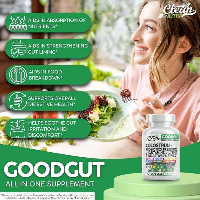 Colostrum Supplement Capsules Probiotics Pills Prebiotics, L-Glutamine, Digestive Enzymes, Folate, Fiber, ACV, Turmeric, Apple Pectin and Turmeric Clean Nutra Good Gut