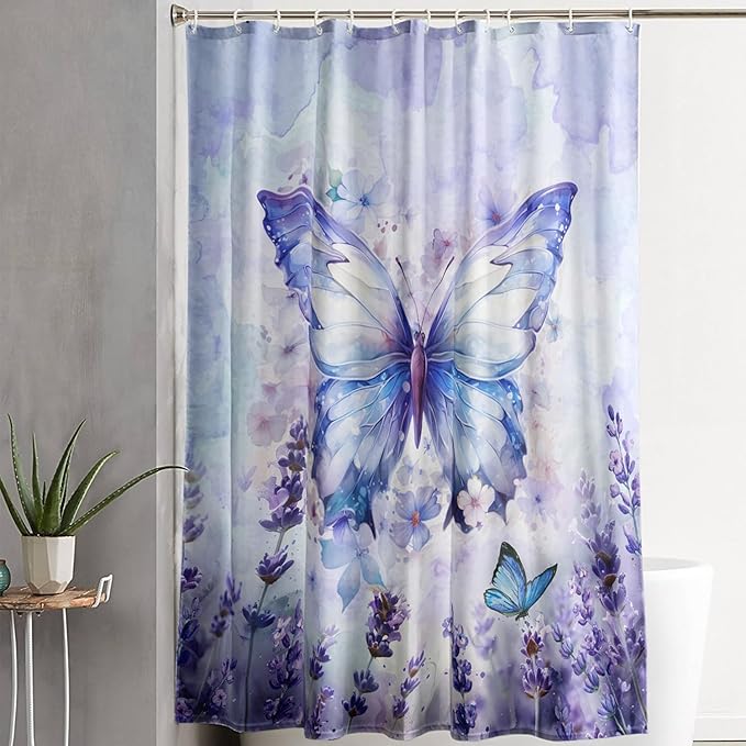 AILONEN Beautiful Butterfly Shower Curtain,Purple Butterfly Bath Curtain for Bathroom for Girls,Lavender Flower Shower Curtain,Watercolor Tie Dye Shower Curtain Set with Hooks,72" W*84" H