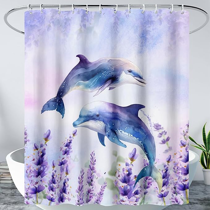 AILONEN Watercolor Dolphin Shower Curtain, Cute Dolphin Lavender Flower Bath Curtain,Modern Minimalist Purple Waterproof Fabric Shower Curtain Set with Hooks 72" W*96" H