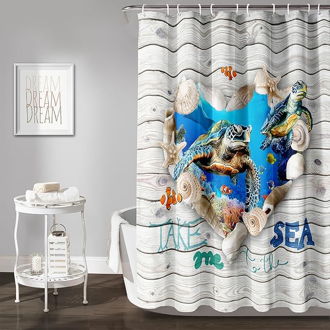 AILONEN 3D Printed Sea Turtle Shower Curtain, Ocean Coast Wooden Style Bathroom Curtain,Shell Turtle Bath Curtain,72" W*72" H Polyester Waterproof Bathroom Curtain with 12 Hooks