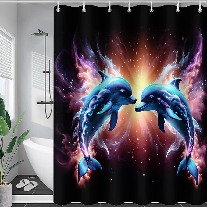 AILONEN 3D Dolphin Shower Curtain for Bathroom, Cute Kawaii Blue Ocean Dolphin Bath Curtain,Fantasy Smoky Print Black Curtain Waterproof with 12 Plastic Hooks for Boys Girls 72" W*78" H