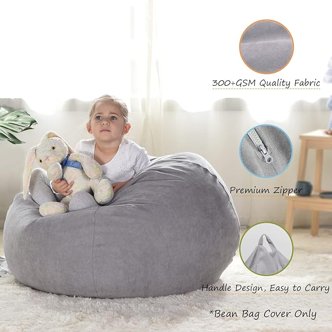 YuppieLife Stuffed Animals Bean Bag Chair Cover Candy-Colored Bean Bag(Just Cover, No Filling)/Large Stuff 'n Sit Organization/Toy Storage Bag/Kids Toys Organizer(27'',Grey)