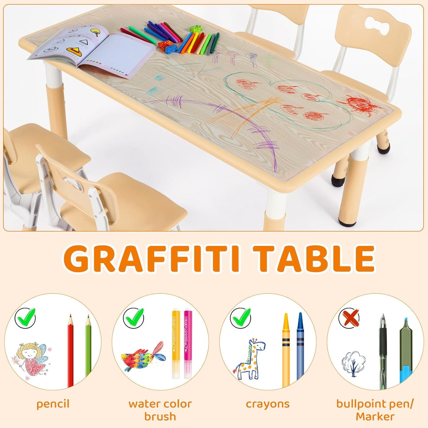 Kids Table and 6 Chairs Set, Height Adjustable Graffiti Desk, Preschool Activity Art Craft Table, for Daycare Classroom Home Boys and Girls Age 3-12 (Beige)