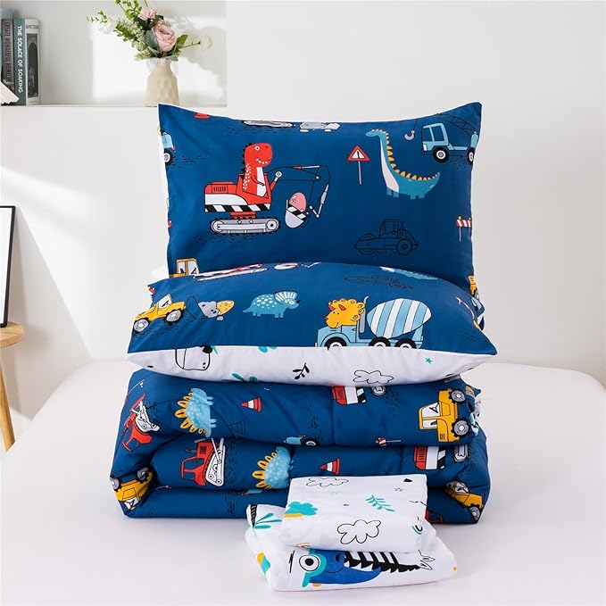Meeting Story Construction Truck Car Twin Comforter Set for Boys,5 Pieces Dinosaur Bedding Set with Sheets and Pillowcases,Excavator Lightweight Microfiber Bedding Sets(Blue,Twin5pcs)