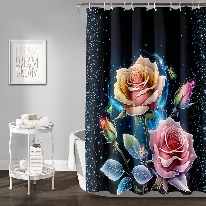 AILONEN Pink Rose Shower Curtain,Galaxy Butterfly Rose Flower Curtain for Kids Girls Women,Modern Romantic Curtain,Print Polyester Waterproof with 12 Plastic Hooks, 36" W*72" H