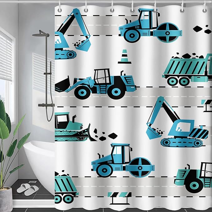 AILONEN Cartoon Kids Truck Shower Curtain,Waterproof Durable,Blue Forklift Truck Excavator Bath Curtain for Boys Girls,Construction Themed Bathroom Decor with 12 Plastic Hooks, 72" W x 78" H