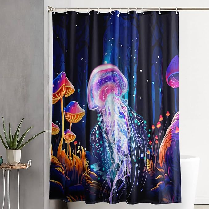 AILONEN Beautiful Jellyfish Shower Curtain,Magic Mushroom Waterproof Fabric Bath Curtain for Kids Girls,Boho Style Mysterious Planet Shower Curtain Set for Bathroom, 72" W*84" H
