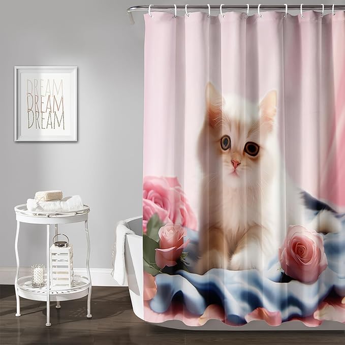 AILONEN 3D Beautiful Cat Shower Curtain,Kawaii Kitten Shower Curtain Set for Kids Boys Girls,Cat Lovers Animal Shower Curtain for Bathroom,Pink Rose Bath Curtain with Hooks,72" W*78" H