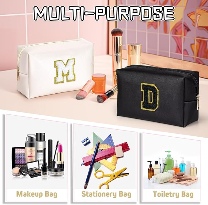 TOPEAST Travel Makeup Bag, Personalized Initial Toiletry Bag w Zipper, Cute Makeup Pouch, PU Leather Waterproof Cosmetic Bag, Birthday Gift for Daughter, Preppy Things for Girls (Black G)