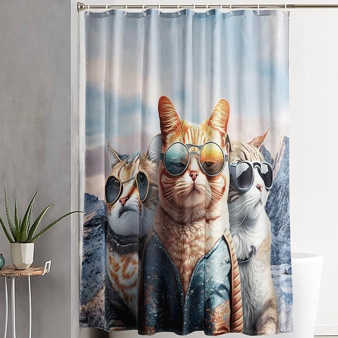 AILONEN 3D Cat Shower Curtain,Cartoon Funny Kitten Shower Curtain Set for Kids Boys Girls,Cat Lovers Animal Shower Curtain with Hooks for Bathroom,72" W*96" H