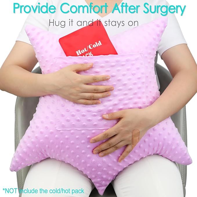 Heart Surgery Pillow Shock Absorbing for Open Heart Surgery After Bypass Coughing with 2 Pockets - Recovery Gifts with Hands Placement Pouch, Minky Dot Lavender