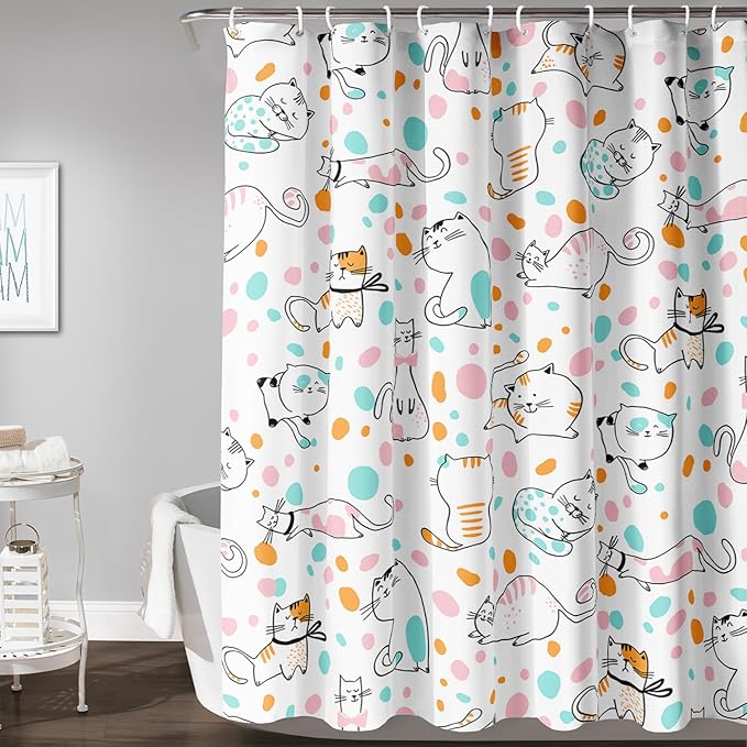 AILONEN Cat Shower Curtain,Cute Cat Bath Curtain,Pet Cat Kitten Bathroom Curtain Decor,Cartoon Animal Polyester Waterproof 72" W*96" H Shower Curtain for Boys Girls (12 Hooks)
