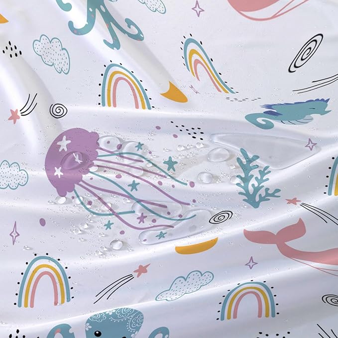 AILONEN Cartoon Dolphin Shower Curtain for Kids 36" W*72" H Inch,Cute Seahorse Rainbow Octopuses Shower Curtain,Ocean Life Theme 12 Pack Hooks Polyester Waterproof Fabric Decor for Bathroom