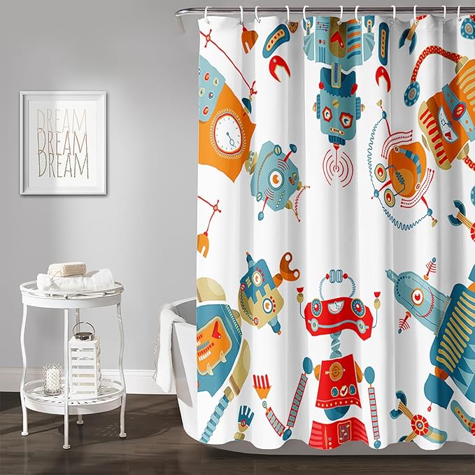 AILONEN Kawaii Robots Shower Curtain,Cartoon Robot Waterproof Fabric Shower Curtain Set for Boys Teens Kids, 72" W*78" H Watercolor Robot Bathroom Decors