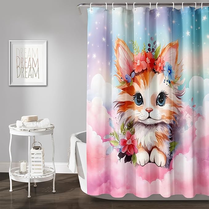 AILONEN Kawaii Cat Shower Curtains,Pink Sky Flora Cat Bath Curtains Gifts for Cat Lover,Cartoon Cat Curtains,Polyester Waterproof with 12 Plastic Hooks 48" W*72" H