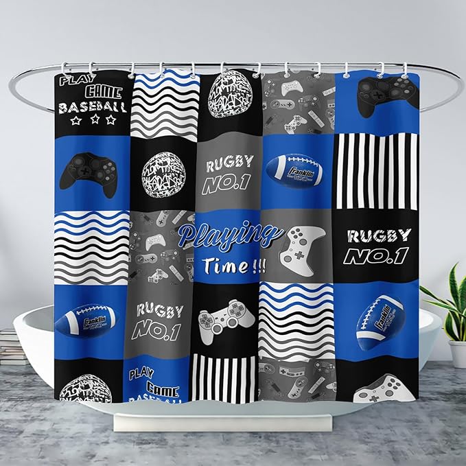 AILONEN Gamepad Shower Curtain,Navy Blue Ball Sports Bathroom Shower Curtain Sets for Boys Kids Teens, 36" W*72" H Gaming Gamer Theme Shower Curtain for Bathroom