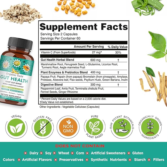 Organic Veda Gut Health Supplement - Leaky Gut Repair Capsules with Papaya Digestive Enzymes, Prebiotics, L-Glutamine, Turmeric - Support Bowel Movement & Cleanse Colon - 120 Count