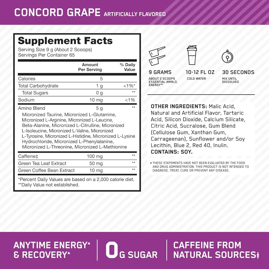 Optimum Nutrition Amino Energy - Pre Workout with Green Tea, BCAA, Amino Acids, Keto Friendly, Green Coffee Extract, Energy Powder - Concord Grape, 65 Servings