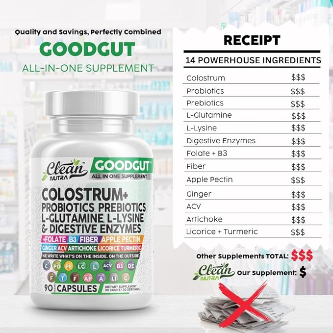 Colostrum Supplement Capsules Probiotics Pills Prebiotics, L-Glutamine, Digestive Enzymes, Folate, Fiber, ACV, Turmeric, Apple Pectin and Turmeric Clean Nutra Good Gut