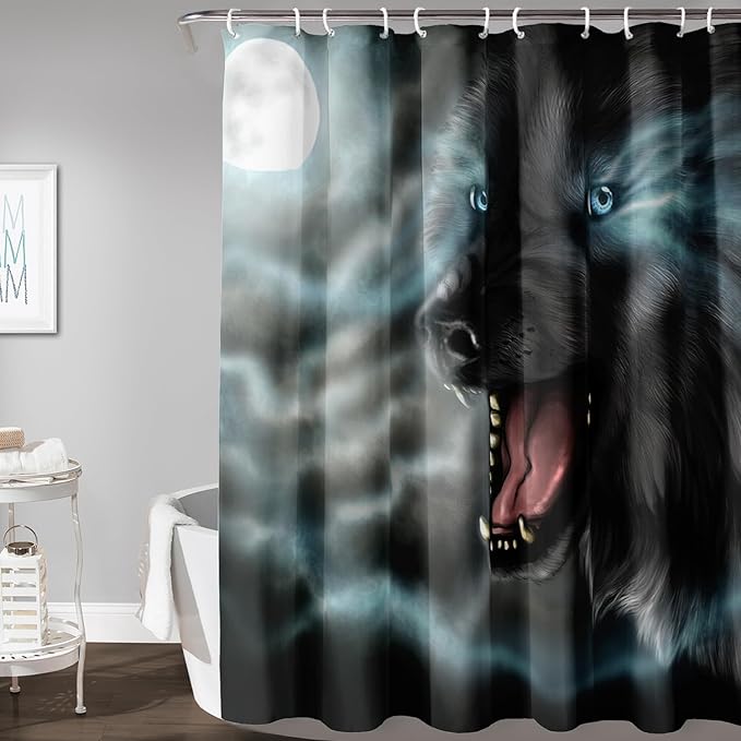 AILONEN Howling Wolf Shower Curtain,Cloud Moon Wolf Bath Curtain,Wildlife Wolf Polyester Waterproof for Bathroom,72" W*78" H with 12 Plastic Hooks
