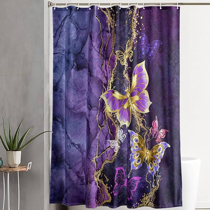 AILONEN Beautiful Butterfly Shower Curtain Bathroom 60" W*72" H Purple Butterfly Curtain Cloth Fabric Bathroom for Girls Kids,Marble Theme Shower Curtain Set