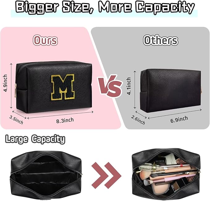 TOPEAST Travel Makeup Bag, Personalized Initial Toiletry Bag w Zipper, Cute Makeup Pouch, PU Leather Waterproof Cosmetic Bag, Birthday Gift for Daughter, Preppy Things for Girls (Black G)
