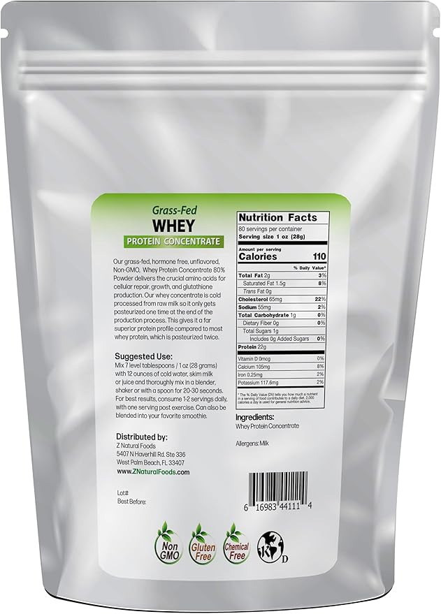Z Natural Foods Whey Protein Concentrate - Clean Grass-Fed Whey Protein Powder from New Zealand - Cold Processed Pure Whey Protein with Essential Amino Acids for Nutrition & Fitness, Unflavored, 5 lbs