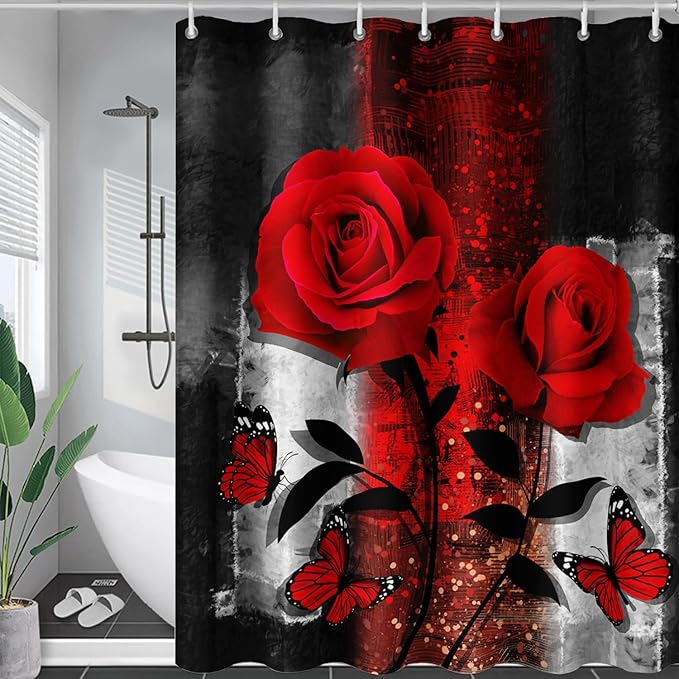 AILONEN Red Rose Shower Curtain for Bathroom, Romantic Rose Flower Bath Curtain,Grey Abstract Waterproof Floral Butterfly Print Shower Curtain Decoration with 12 Plastic Hooks, 72" W*78" H