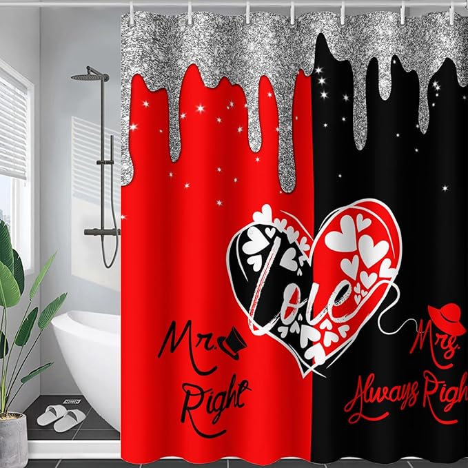 AILONEN Mr Mrs Black and Red Shower Curtain,Love Hearts Pattern Mr Right Mrs Always Right Theme Bath Curtain,Modern Print Decoration Waterproof Shower Curtain with 12 Plastic Hooks, 72" W*72" H