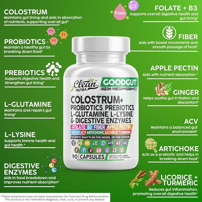 Colostrum Supplement Capsules Probiotics Pills Prebiotics, L-Glutamine, Digestive Enzymes, Folate, Fiber, ACV, Turmeric, Apple Pectin and Turmeric Clean Nutra Good Gut