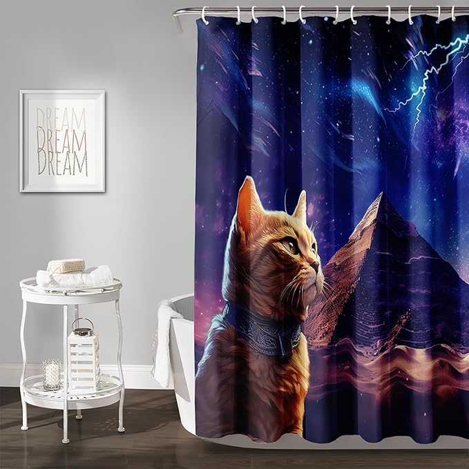 AILONEN Cat Shower Curtain,Blue Galaxy Lightning Pyramid Pet Cat Bath Curtain Gifts for Cat Lover,Polyester Waterproof for Bathroom,60" W*72" H with 12 Plastic Hooks