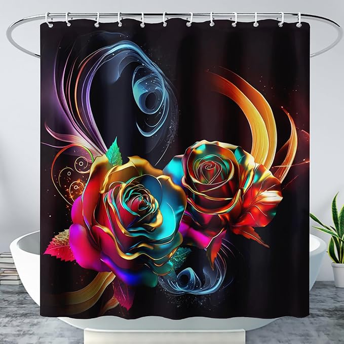 AILONEN Gold Rose Flower Shower Curtain for Kids Girls Teens,Butterfly Rose Flower Bath Curtain for Bathroom Decor,Romantic Polyester Waterproof with 12 Plastic Hooks 72" W*72" H