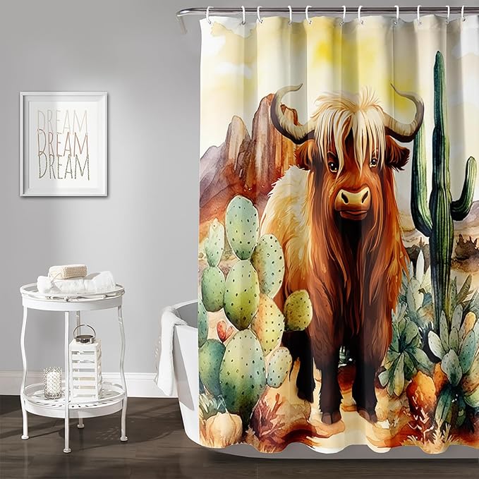 AILONEN Yak Shower Curtain Set, Desert Cactus Yak Polyester Waterproof Shower Curtain,Watercolour Sunset Warm Yellow Cloth Bath Curtain Set with Plastic Hooks,36" Wx72 H
