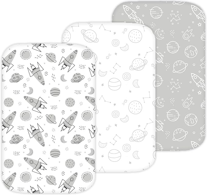 TansyPanda Bassinet Sheets for Bellababy, Besrey, AMKE, and Milliard Bedside Bassinet Sleeper, 3PC, 18 x 30 Inch, Ultra Soft, Breathable, Snug Fit, Unisex Boys, Girls, Gray White (Space Rockets)