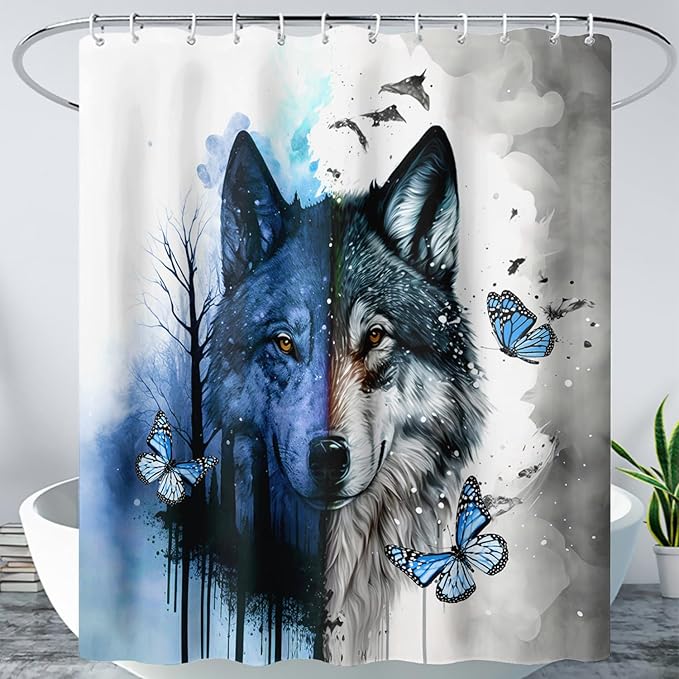 AILONEN Wolf Print Shower Curtain for Boys Men,Watercolor Wolf Bath Curtain 72" W*84" H Animal Wolf Bathroom Curtain Polyester Waterproof Wildlife Bathroom Curtain with 12 Hooks