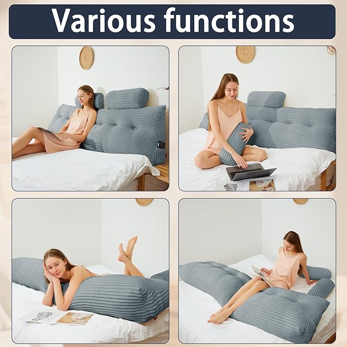 Headboard Wedge Pillow King with 2 Pack Neck Roll Pillow Large Headboard Pillow Soft and Supportive with Removable Cover (Light Grey, King:76x8x20 Inches)