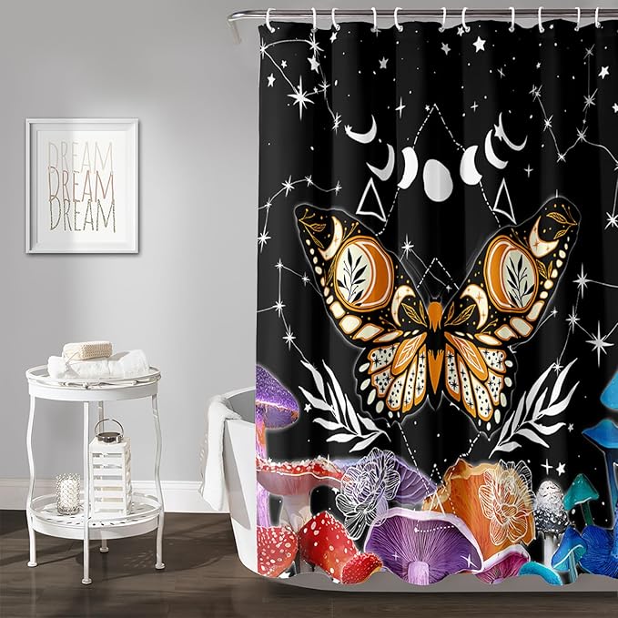 AILONEN Sun and Moon Shower Curtain,Death Moth Bath Curtain for Bathroom for Boys,Girls,Boho Hippie Style Shower Curtain,Colorful Mushroom Waterproof Fabric Shower Curtain Set with Hooks,60" W*72" H