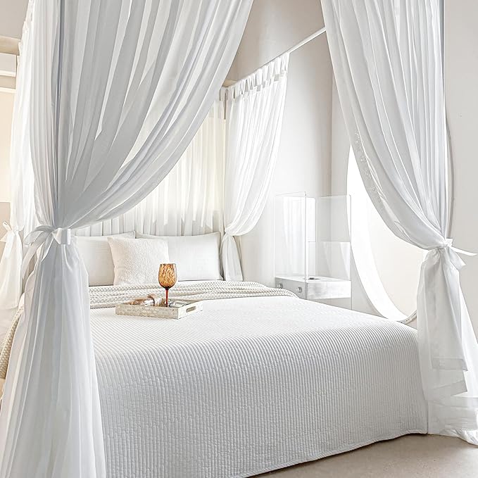 AIKASY Canopy Bed Board with Top and Self-Adhesive Velcro Strips, White Gauze Princess Bed Canopy Curtain Tent, Creating a Romantic Atmosphere in The Room(King/California King,White)