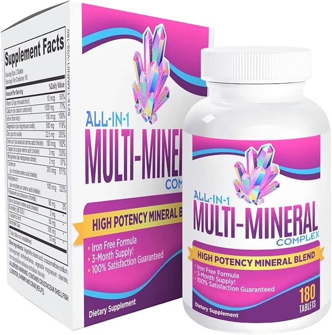 3-Month Multimineral Supplement Iron Free (All-in-1 Formula) Multi Mineral Complex - Trace Minerals - Mineral Supplements - High Potency Multiminerals - 180 Tablets